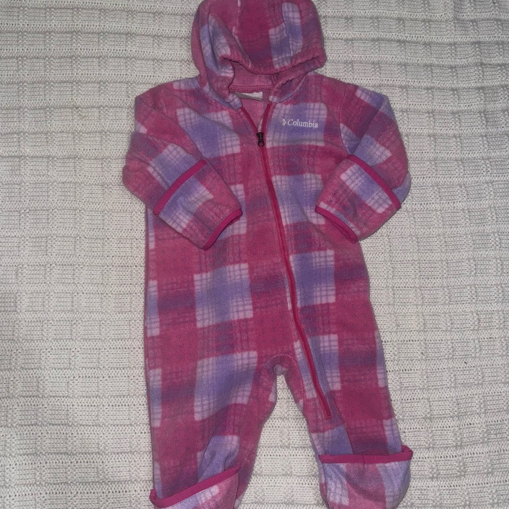 Columbia Pink and Lavender Plaid Fleece One-Piece Hoodie 6-12 M